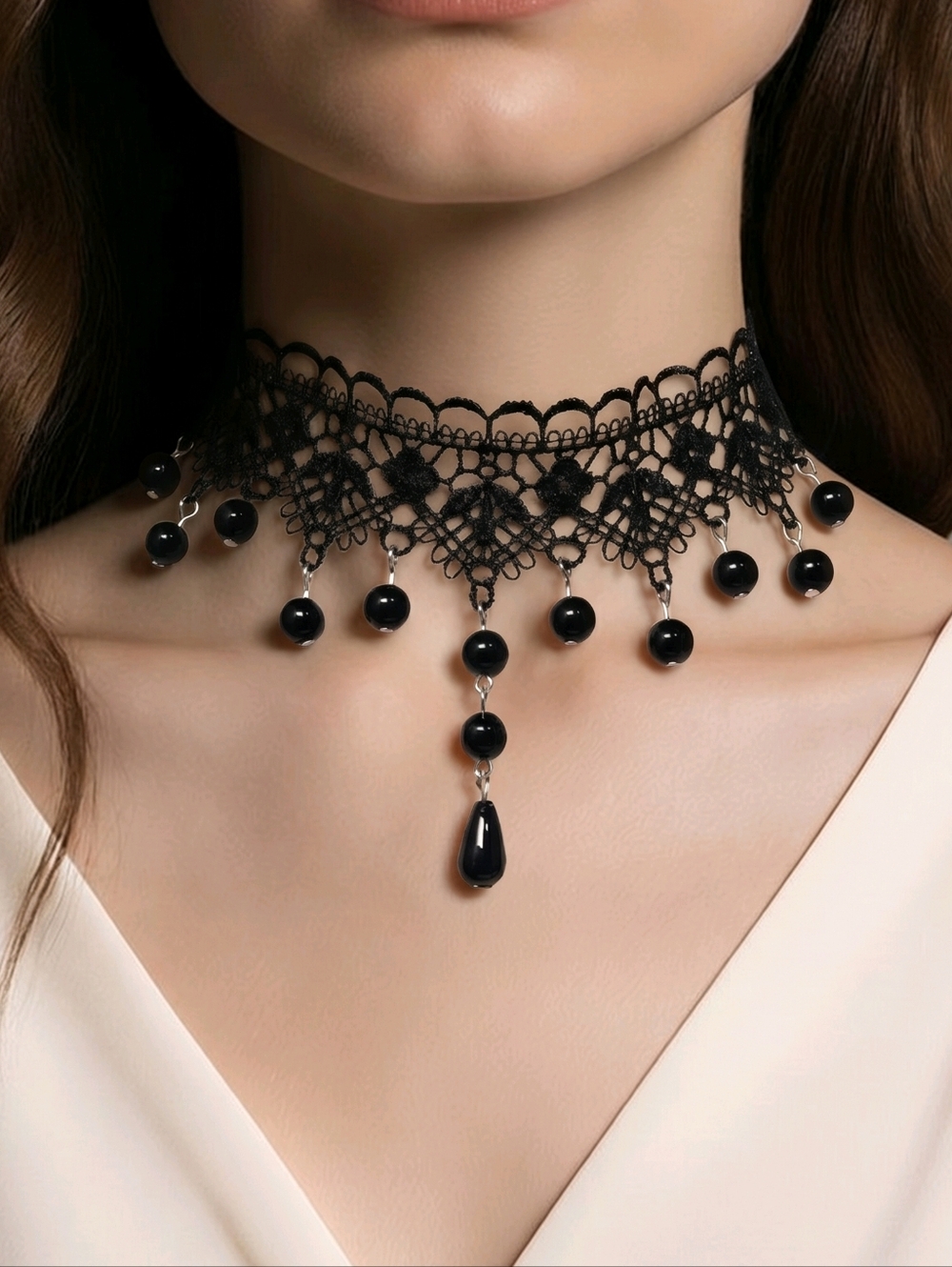 Victorian Gothic Black Crochet Lace Beaded Choker Necklace Handmade Dainty NWT